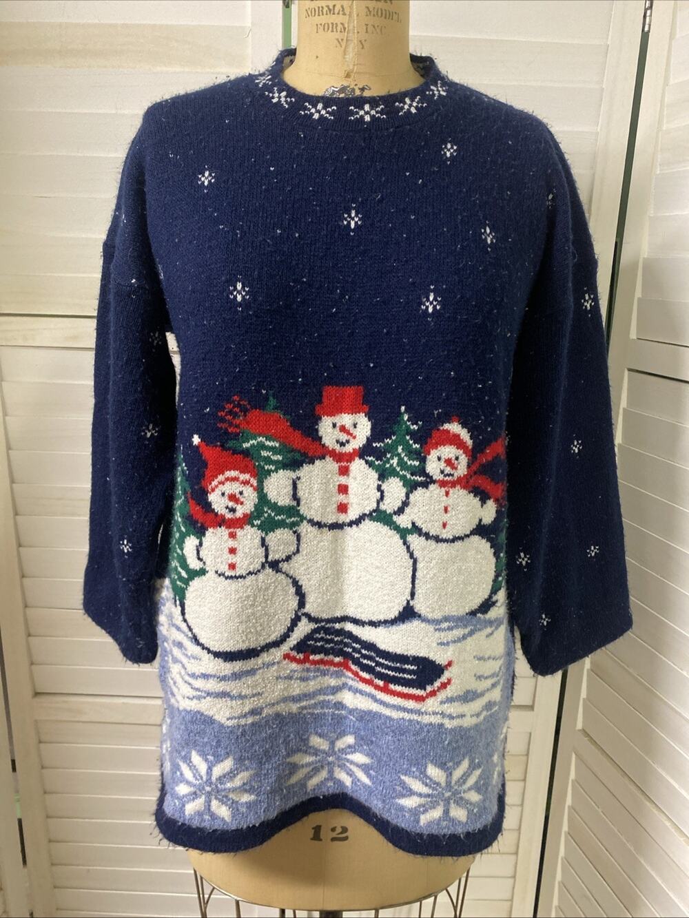 80s PRIVATE EYES Christmas Sweater Snowman Snowflakes Navy Women's Medium USA